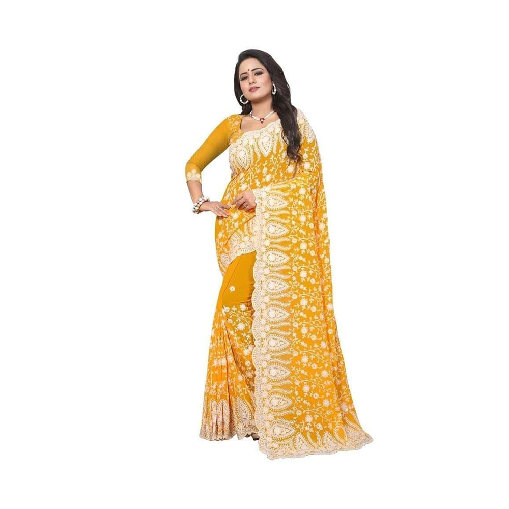 Georgette Saree with Blouse Piece for Women - Yellow