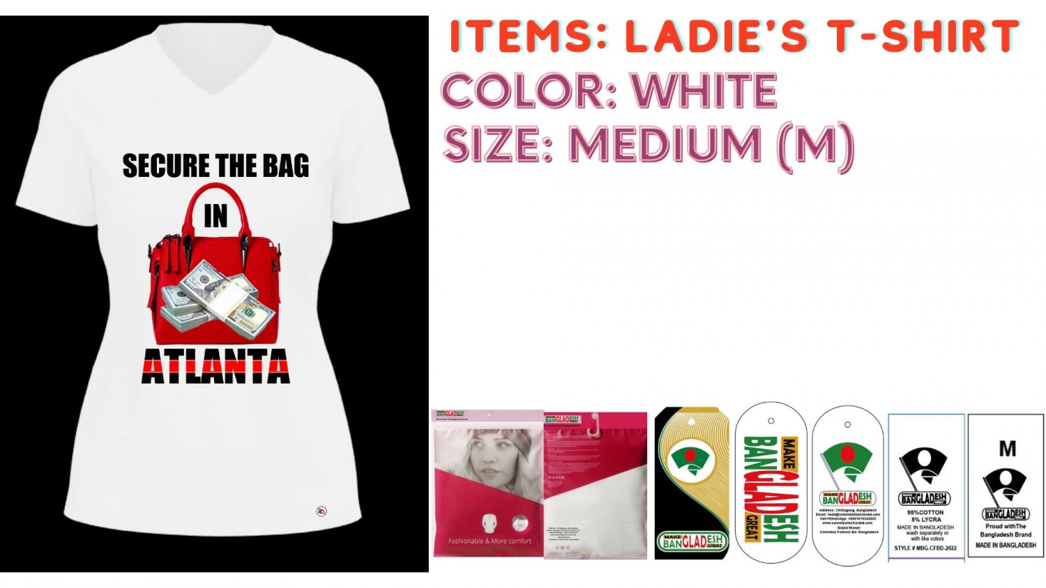 Ladies T-shirt Color White  Size Medium (M)