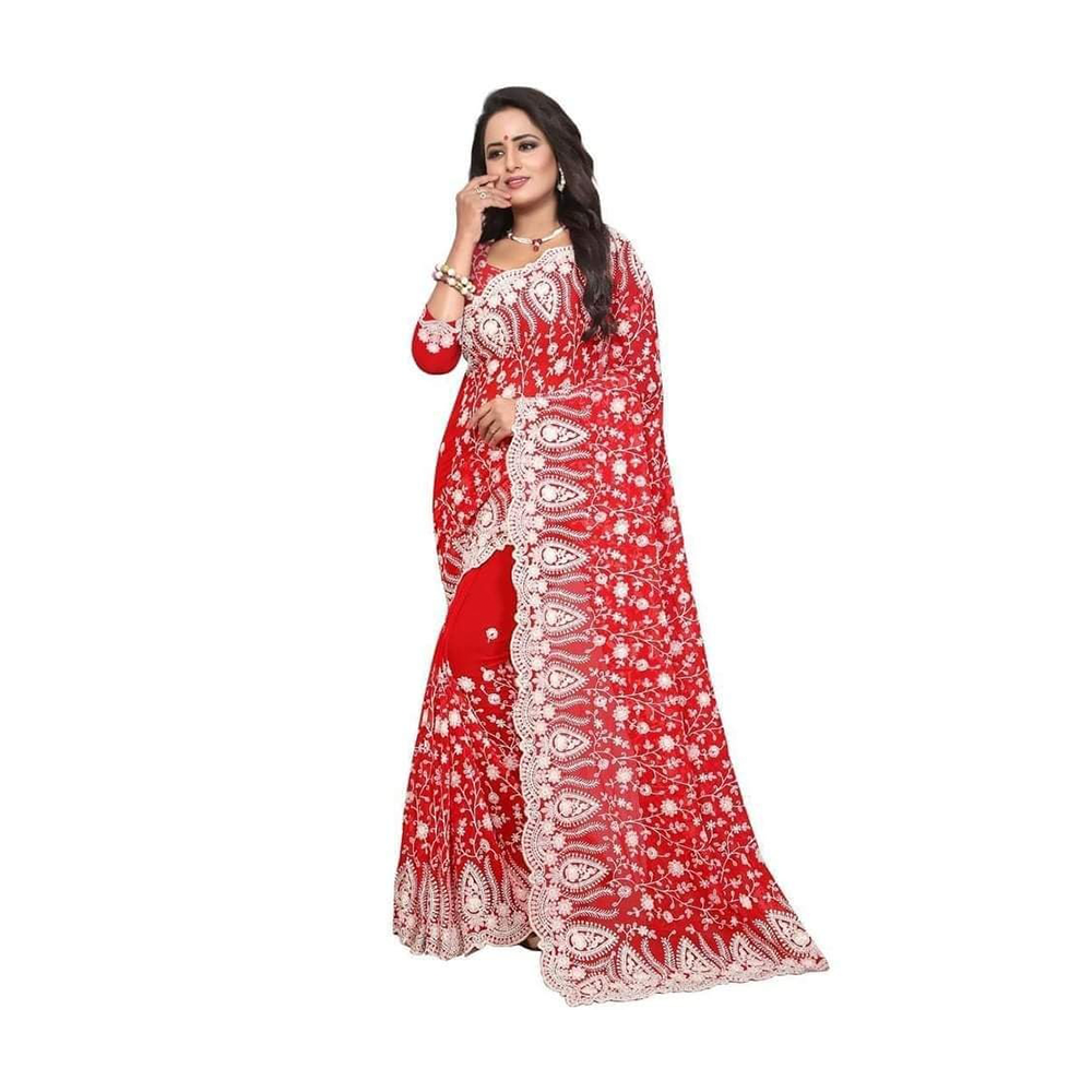 Georgette Saree with Blouse Piece for Women - Red-1