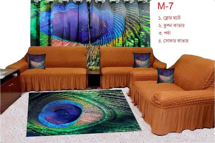 Matching 7 Pcs Sofa Cover Combo Set + 2 Pcs 3D Printed Curtain +1 Pcs Floor Mat + 7Pcs Cushion Cover (For Big Family) Code-M-7