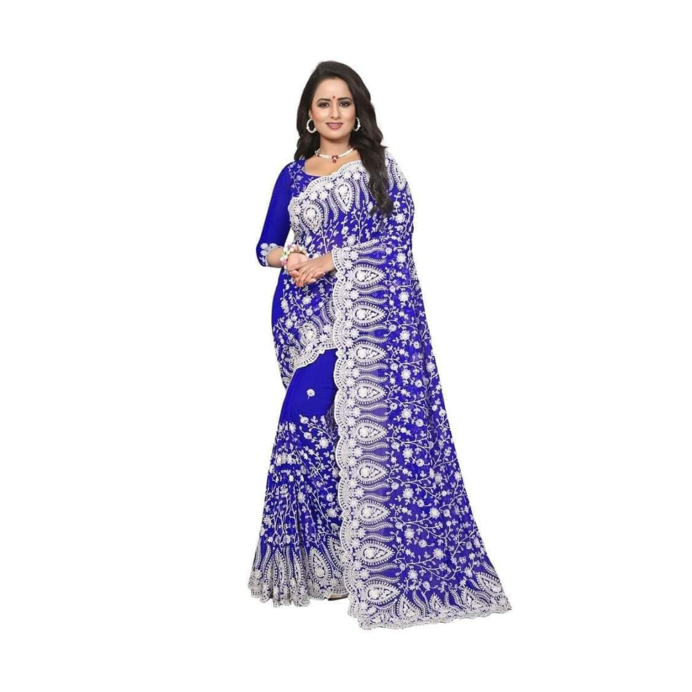 Georgette Saree with Blouse Piece for Women - Blue