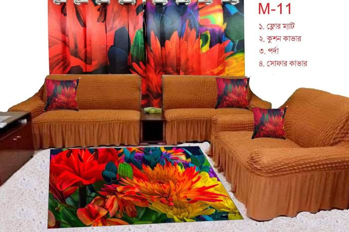Matching 7 Pcs Sofa Cover Combo Set + 2 Pcs 3D Printed Curtain +1 Pcs Floor Mat + 7Pcs Cushion Cover (For Big Family) Code-M-11