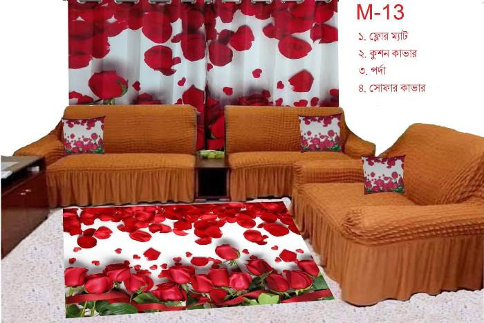 Matching 7 Pcs Sofa Cover Combo Set + 2 Pcs 3D Printed Curtain +1 Pcs Floor Mat + 7Pcs Cushion Cover (For Big Family) Code-M-13