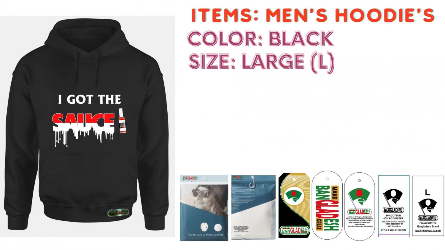 Men Hoodies Color Black Size Large (L)