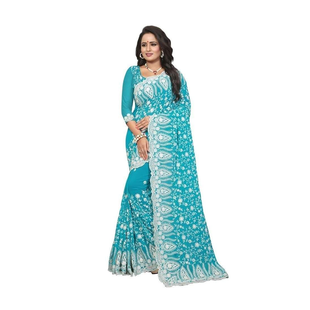Georgette Saree with Blouse Piece for Women - Sky Blue