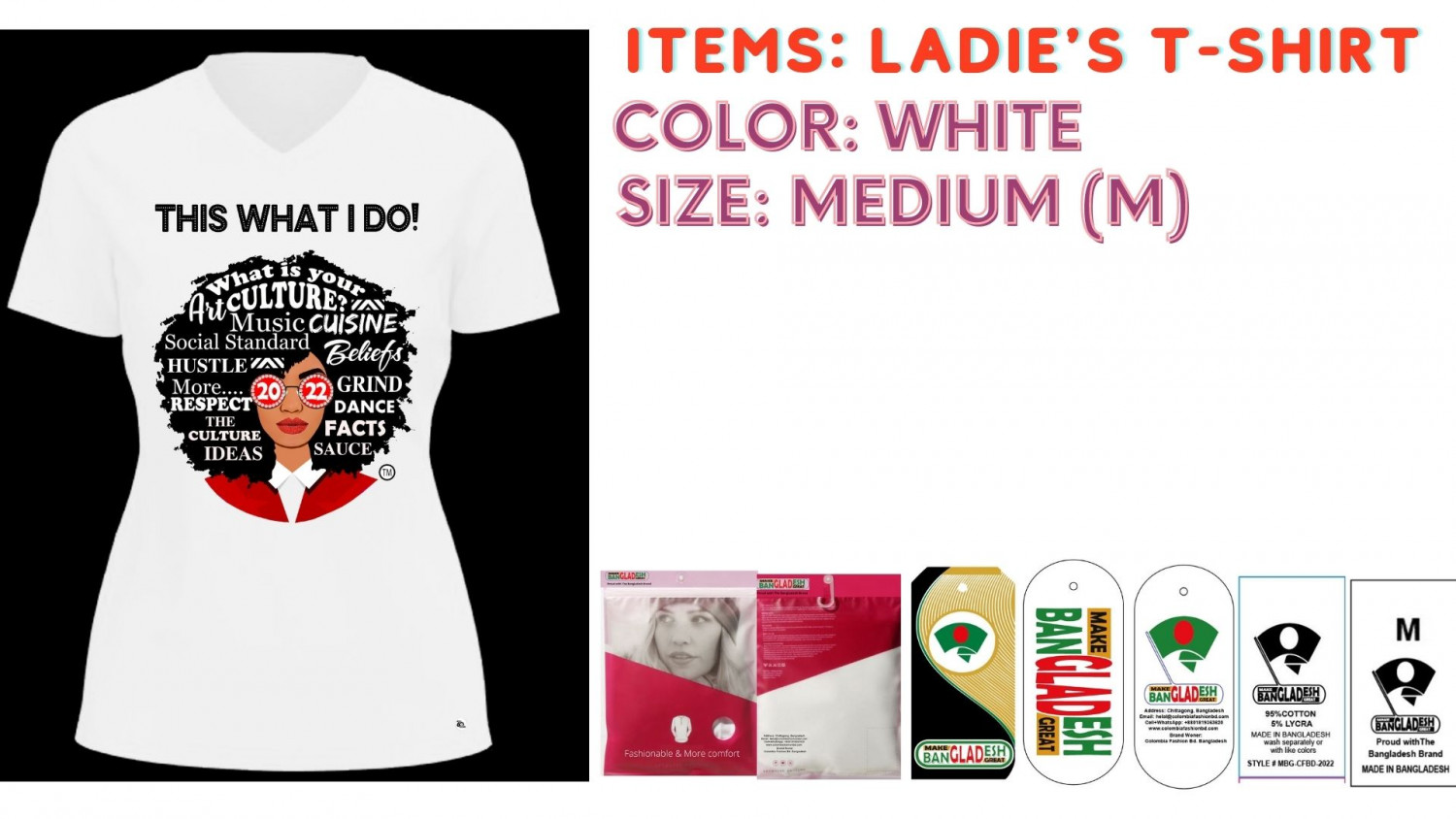 Ladies T-shirt Color White  Size Medium (M)